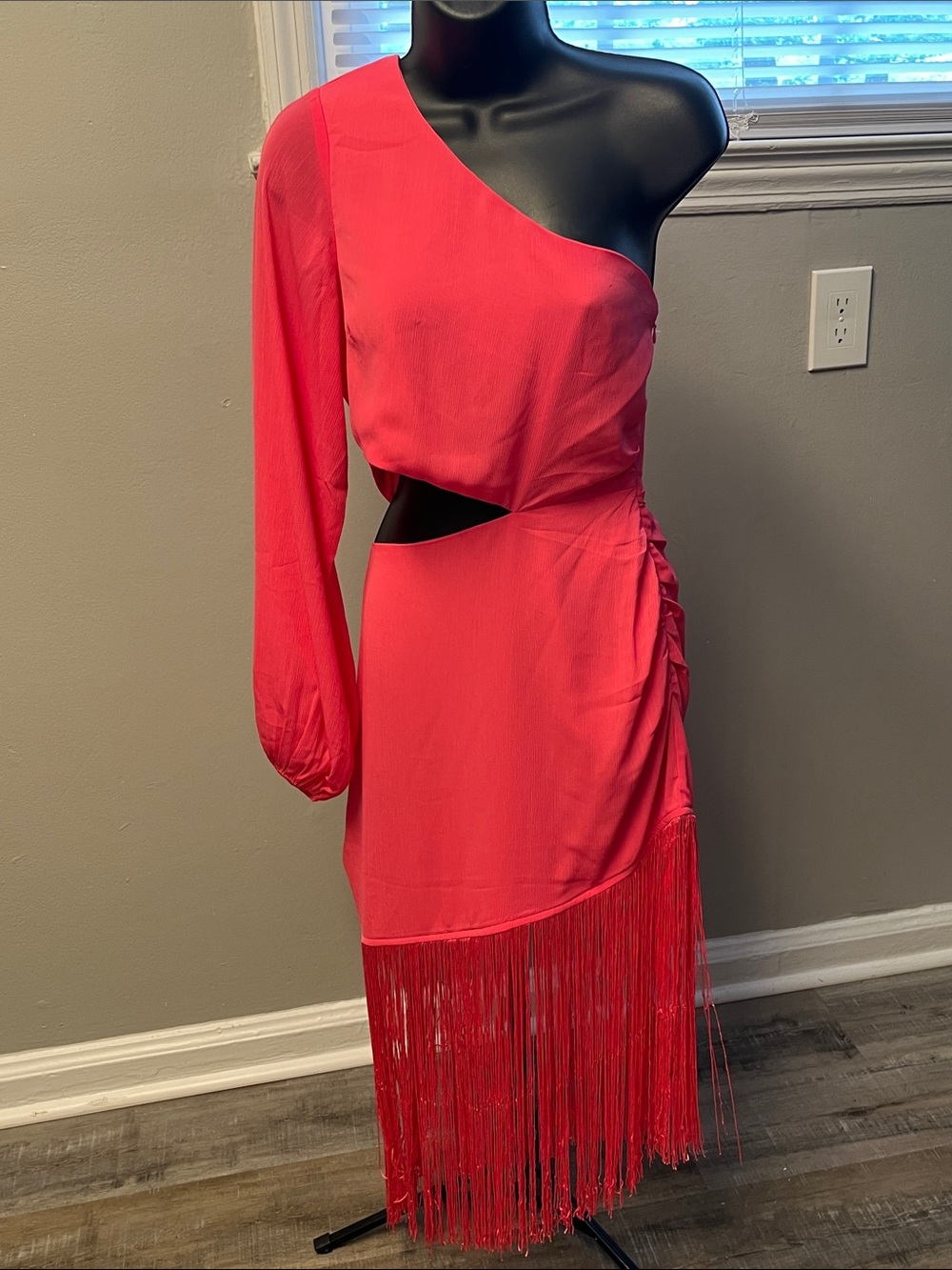 Vici One-Shoulder Red Fringe Midi Dress